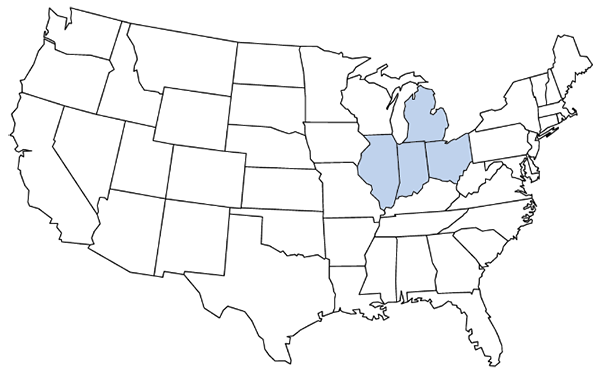 Map of Premier Beauty's service areas: Illinois, Indiana, Ohio, and Michigan